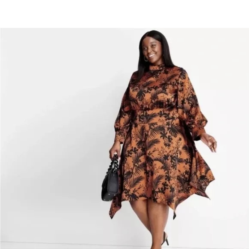 Future Collective Kahlana Barfield Brown Long Sleeve Mock Neck A-Line Dress 2x